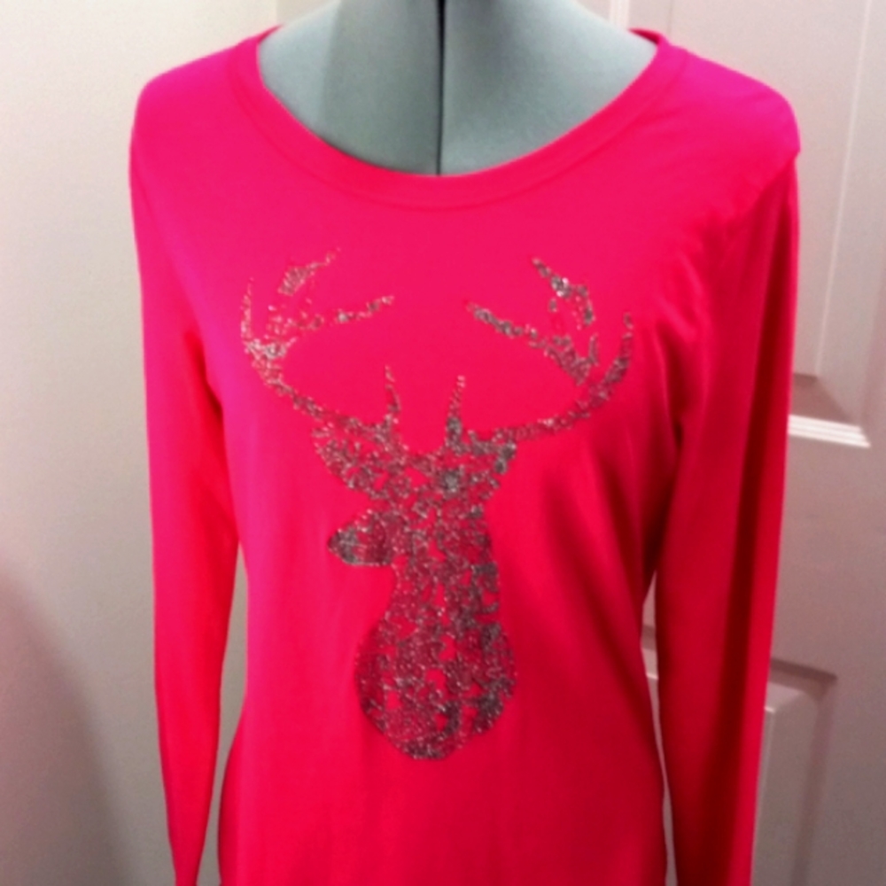 Hanes Hot Pink Embellished Deer T Shirt. Size Med